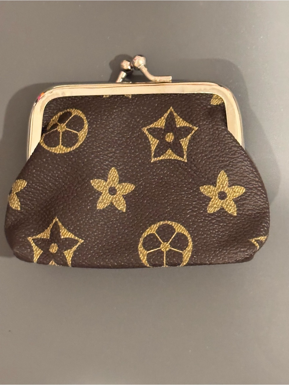 NIP Mini Kiss Lock Coin Purse Brown Floral Monogram Print